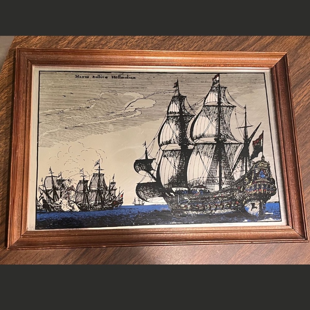 Vintage Painted Mirror Dutch Warships Framed 12.5 x 9 by Bohemian Artist in 1647